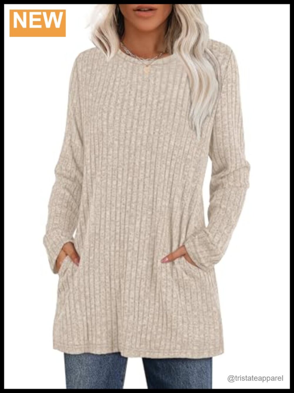 Long Sleeve Crewneck Tunic Top Loose Fit Sweater with Pockets